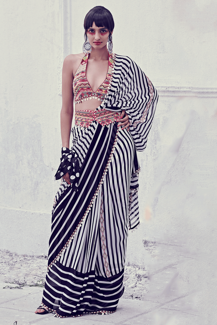 STRIPE SAREE WITH BOHEMIAN BLOUSE AND BELT