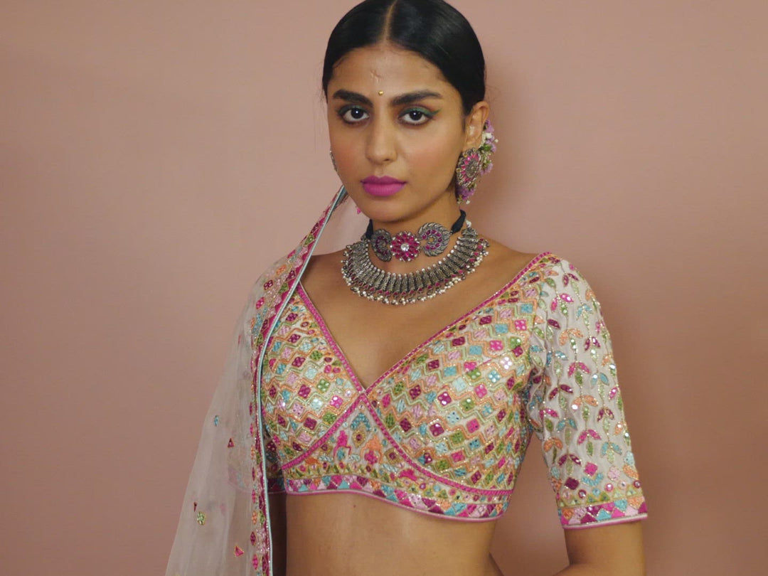 Pink Chnaderi Lehenga Set With Pop Resham Colours