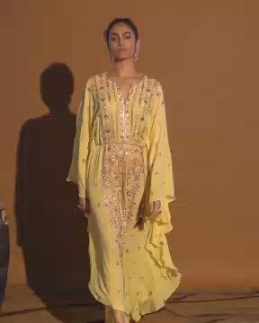 Yellow Geometry Embroidered Kaftan Paired With A Belt