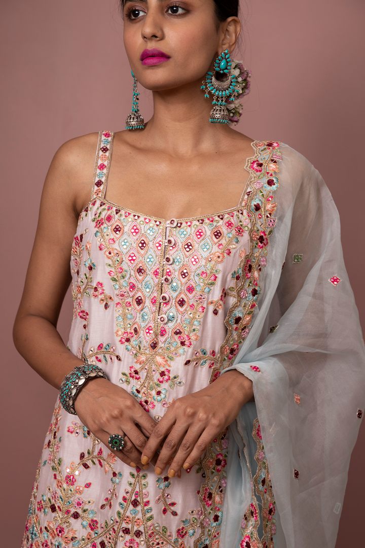 PINK STRAPPY  KURTA WITH GHARARA