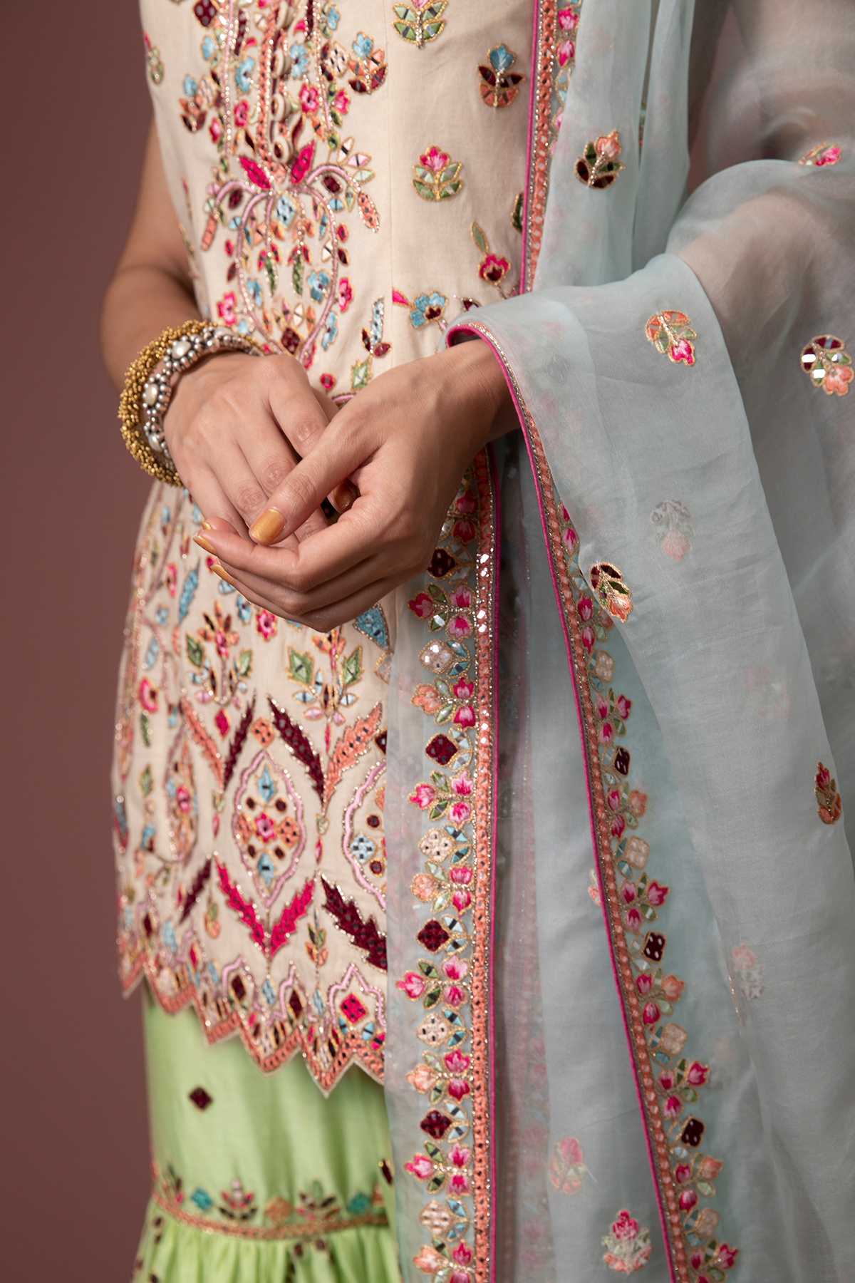 Ivory Kurta,Green Gharara Set