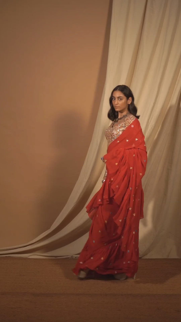 Red Ruffle Saree Set