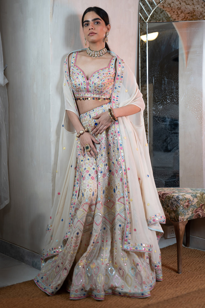 Ivory Georgette Embroidered High Waist Sharara with Cape