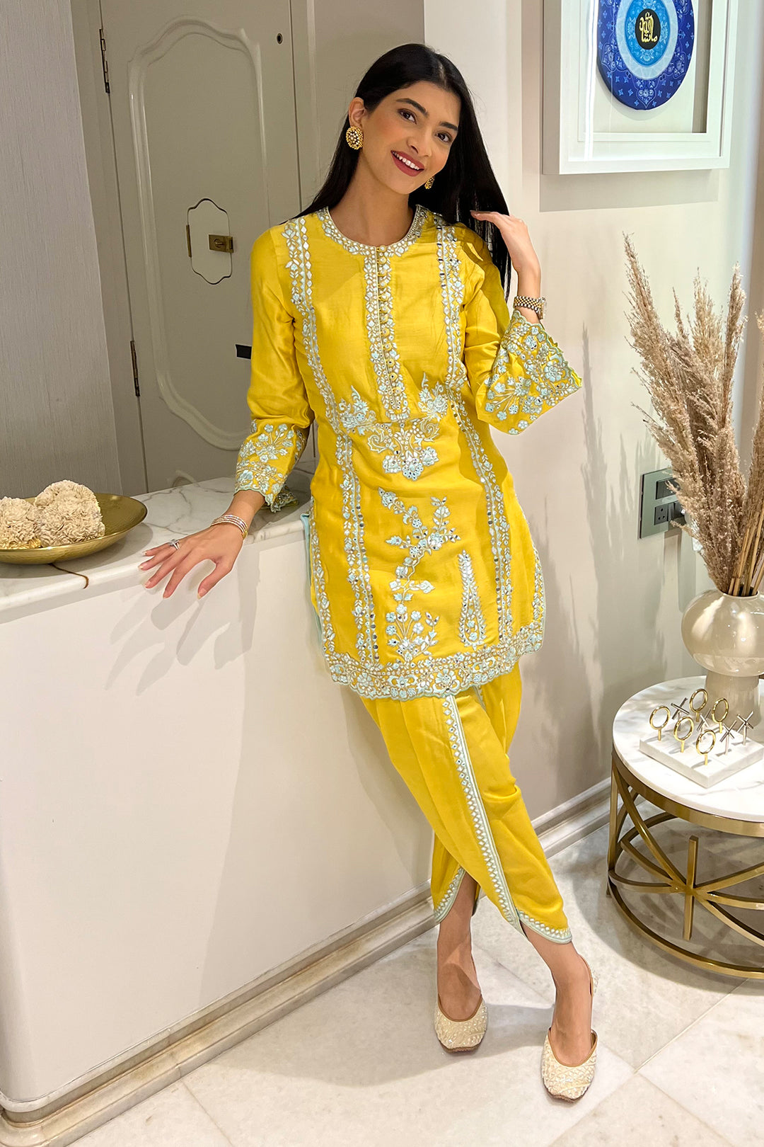 HANNA KHAN IN MUSTARD KURTA WITH DHOTI SET