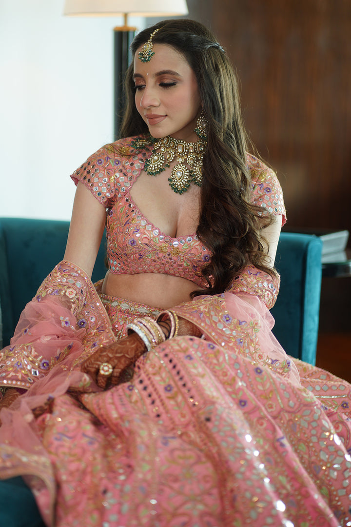 CHAHEL DHANDHANIA IN CORAL RAW SILK LEHENGA WITH FOIL, RESHAM