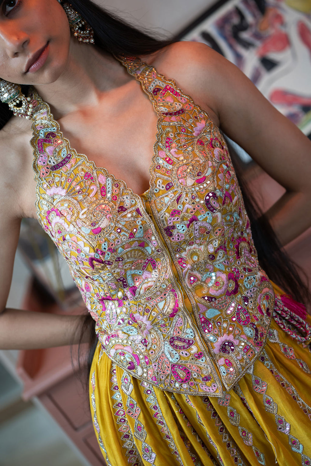 Mustard Chanderi Skirt With A Corset Style Halter Embroidered Blouse