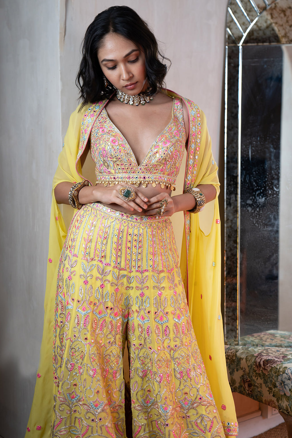 Bright Yellow Embroidered High Waist Sharara With Cape