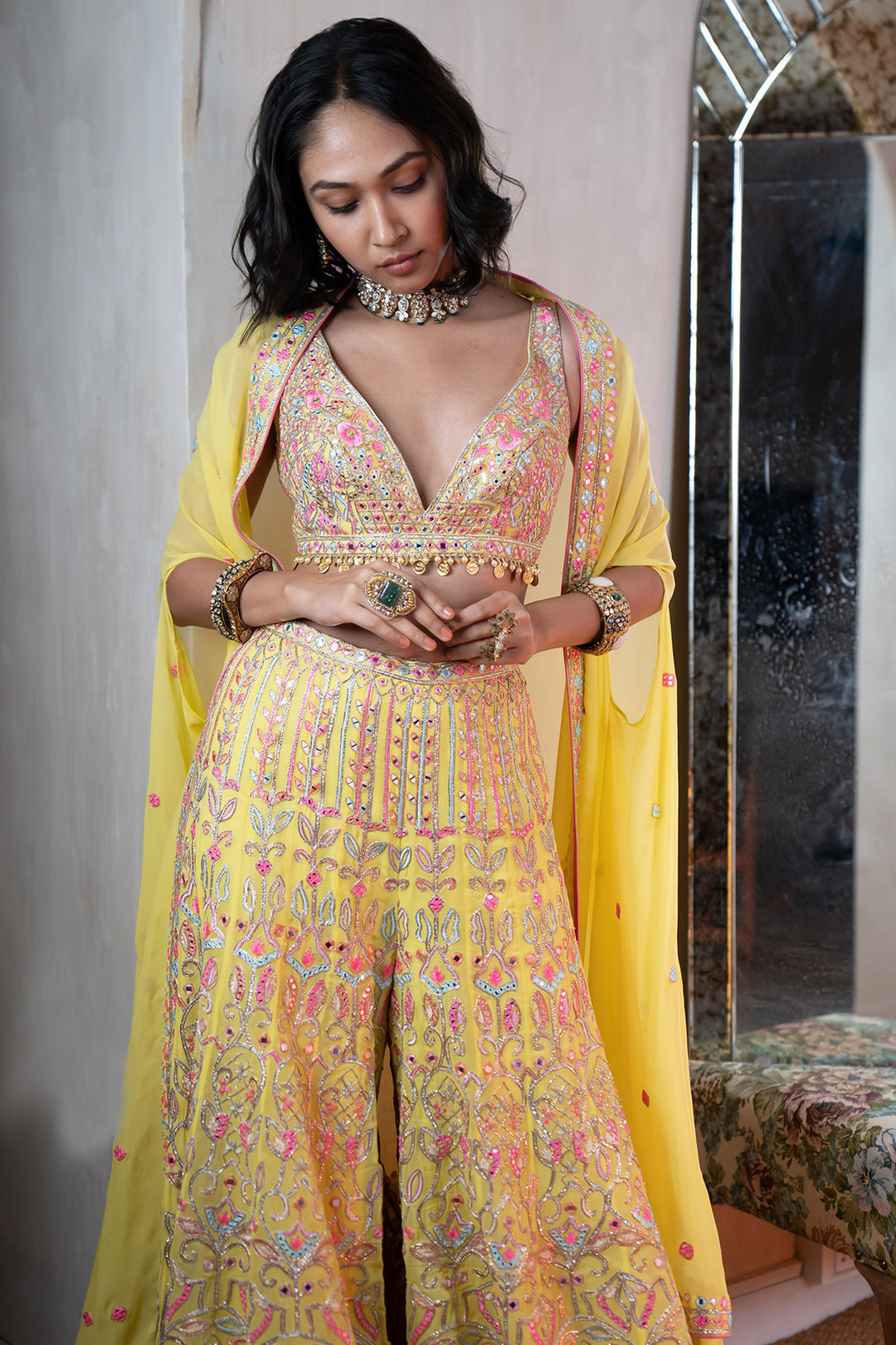 Bright Yellow Embroidered High Waist Sharara With Cape