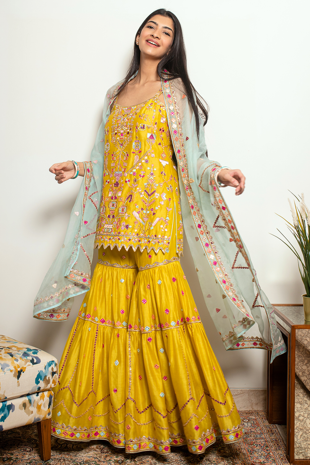 HANNA KHAN IN MUSTARD GHARARA SET