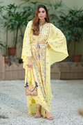 House Of Misu In Yellow Geometry Embroidered Kaftan Paired With A Belt
