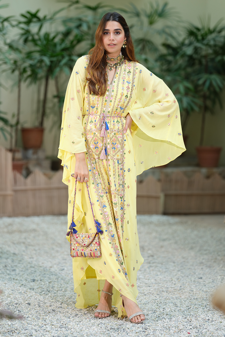 House of Misu in Yellow Geometry Embroidered Kaftan Paired With A Belt