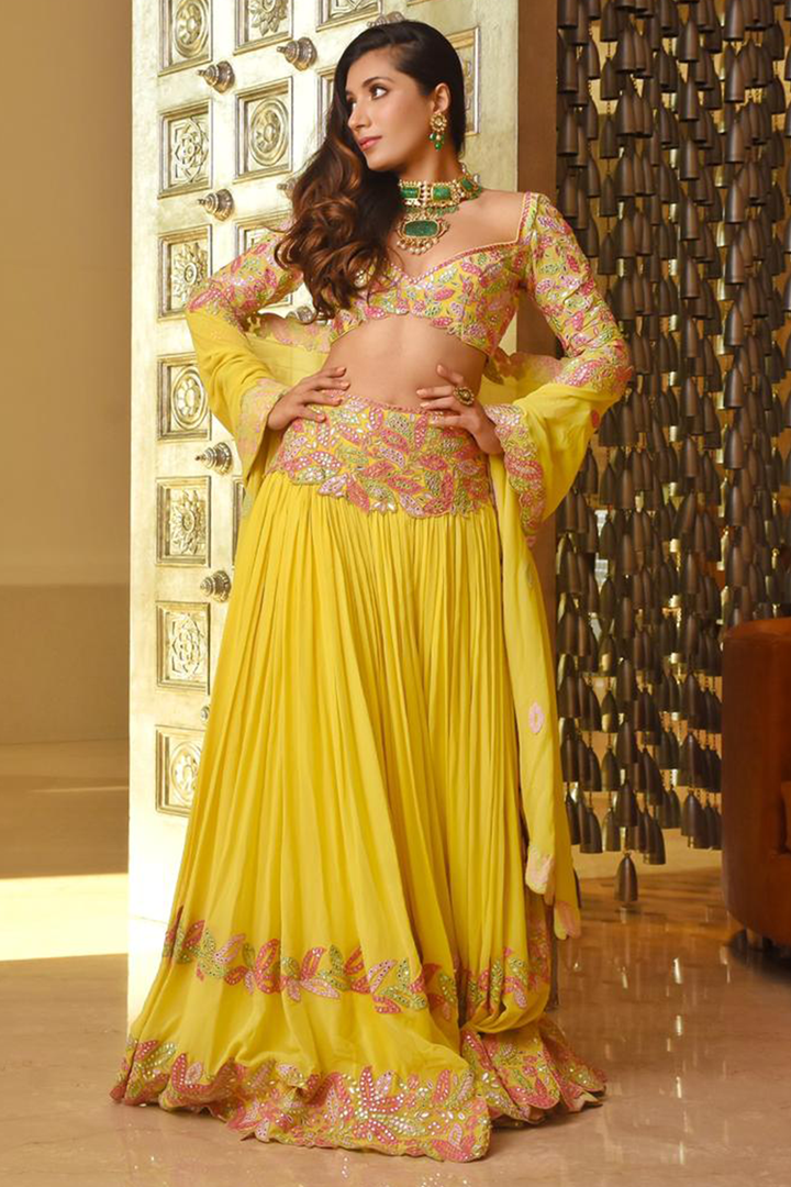 THE CISTER CO IN YELLOW GEORGETTE LEHENGA