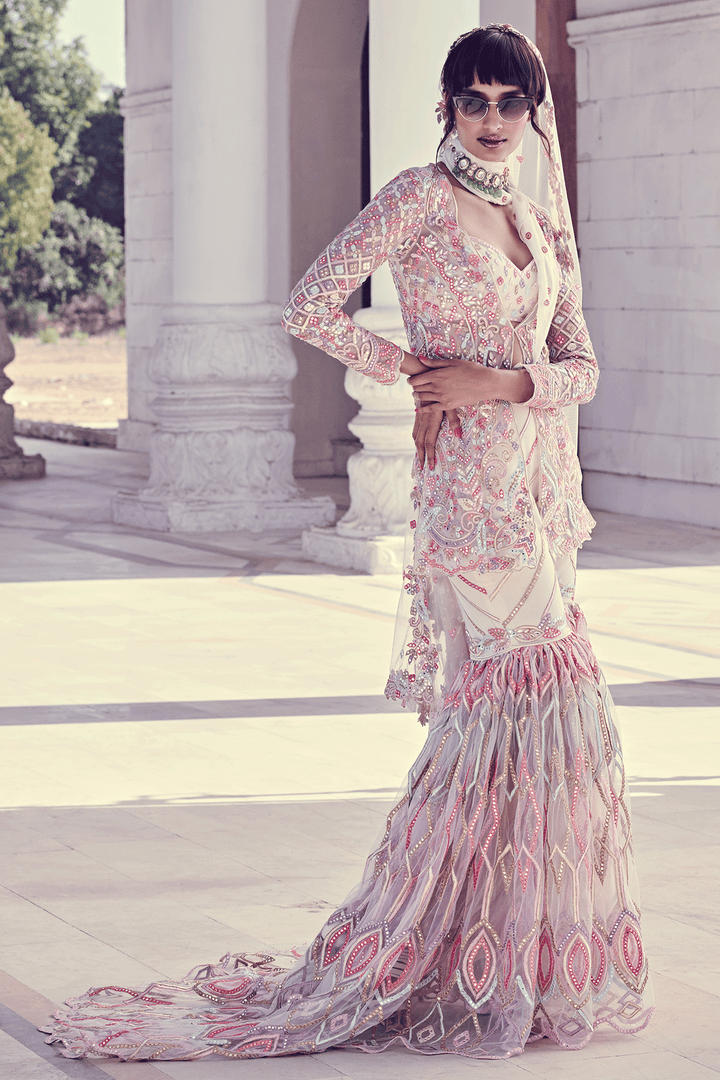 IVORY JACKET STYLE KURTA AND GHARARA SET