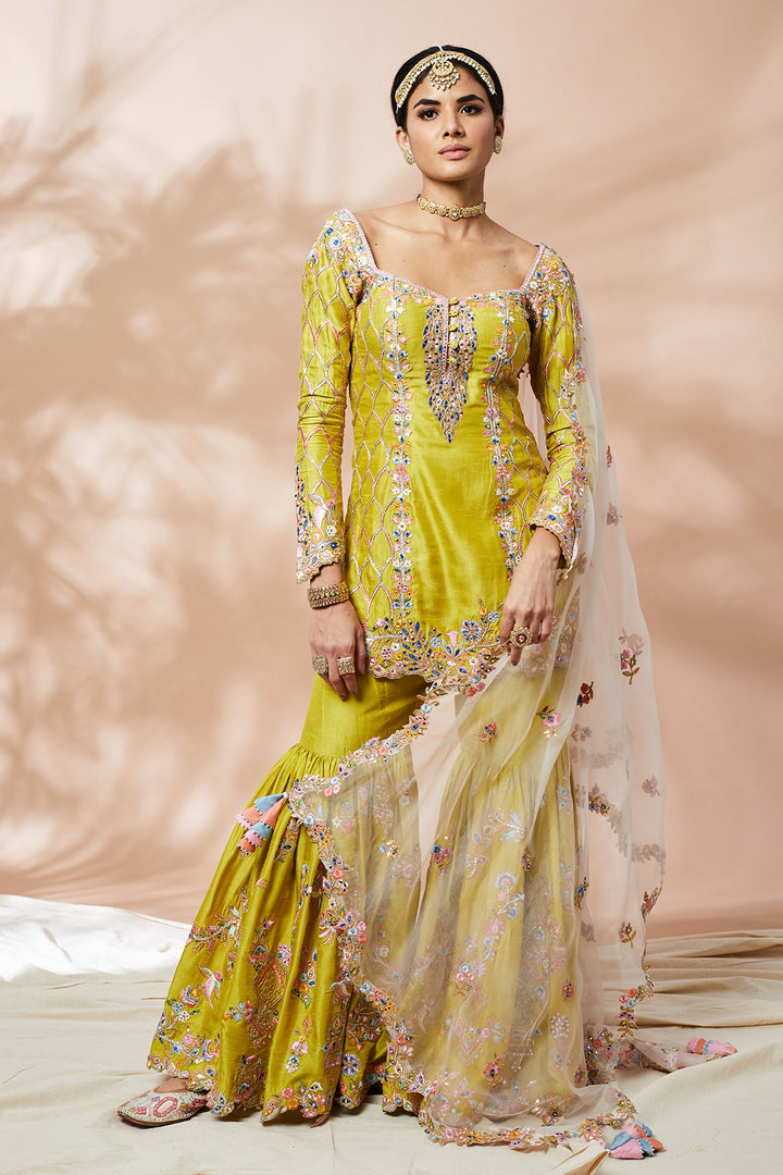 GREEN SILK GHARARA