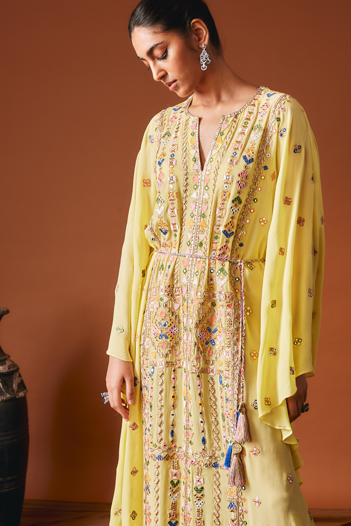 Yellow Geometry Embroidered Kaftan Paired With A Belt