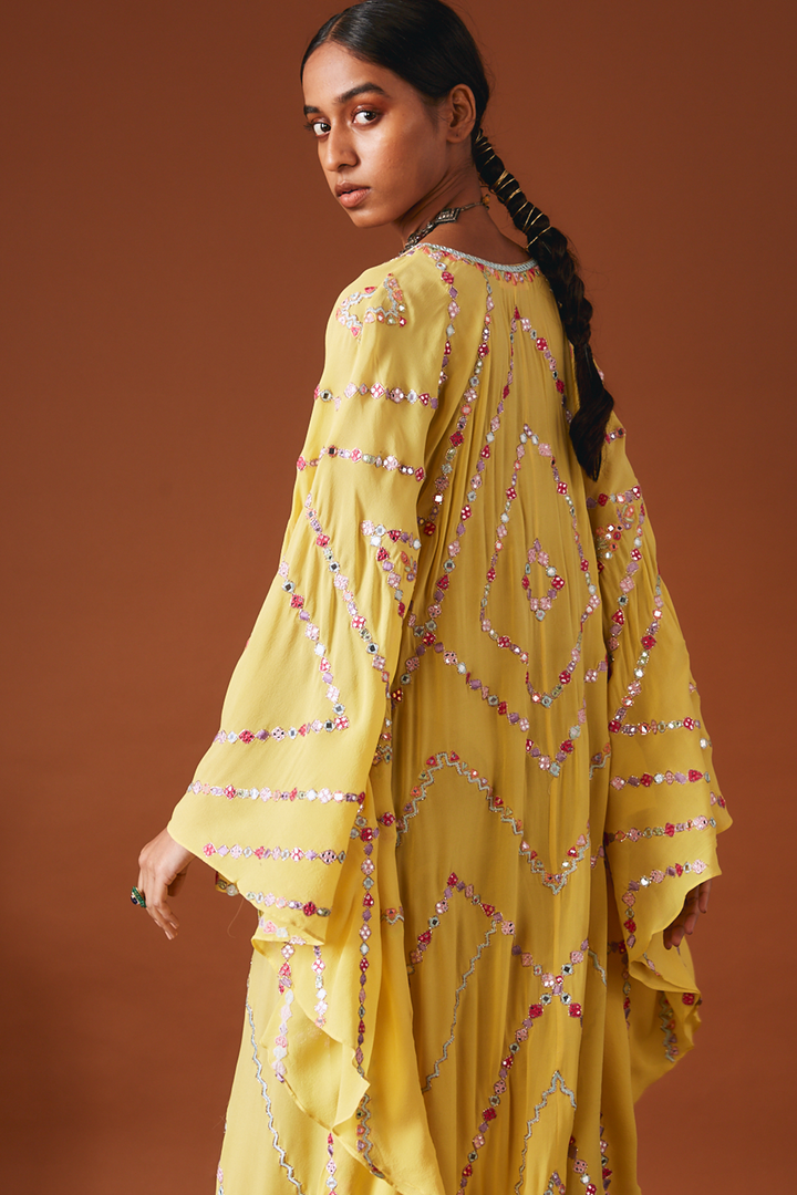 Yellow Georgette Kaftan With Multi Coloured Resham Embroidery