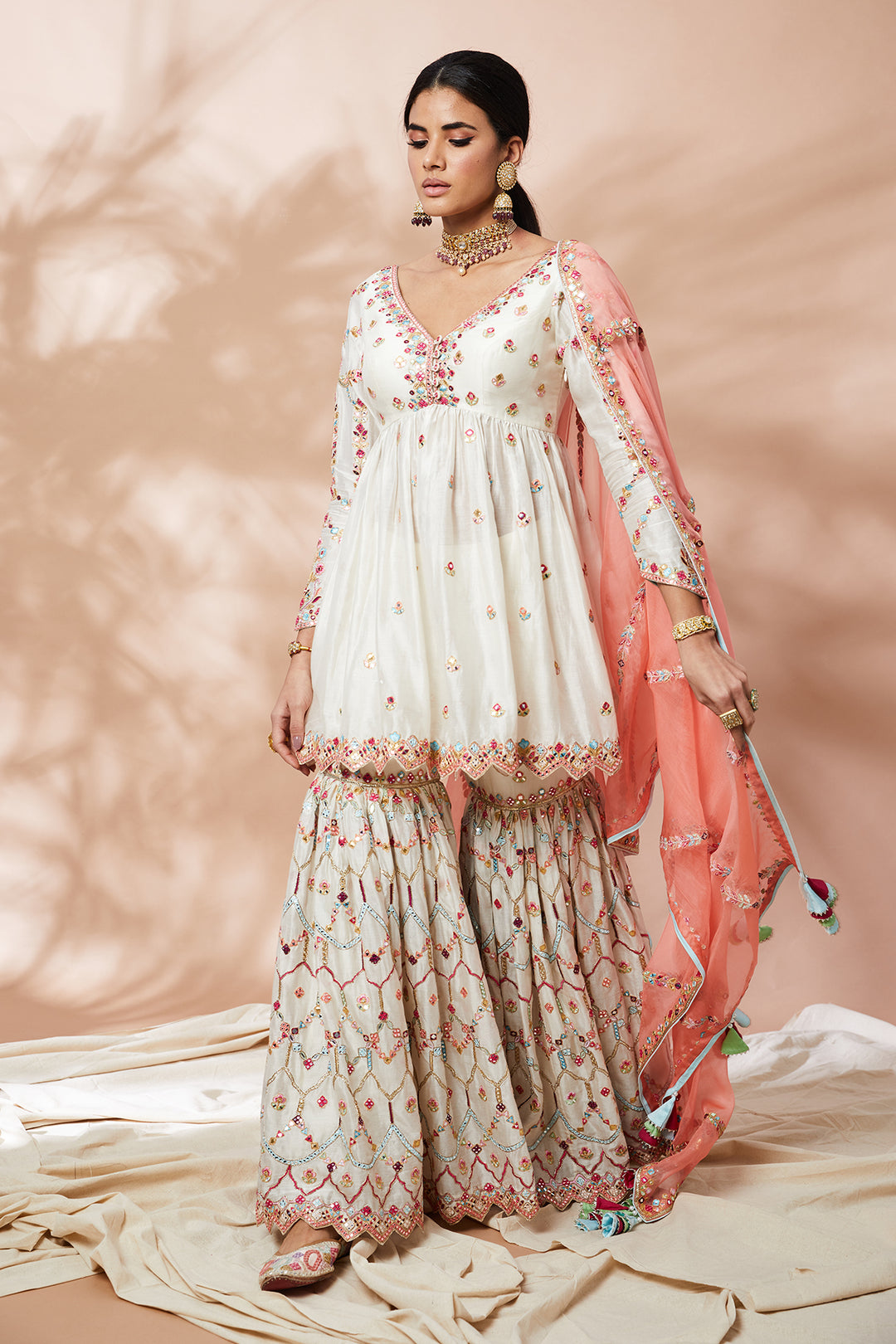 IVORY PEPLUM GHARARA SET
