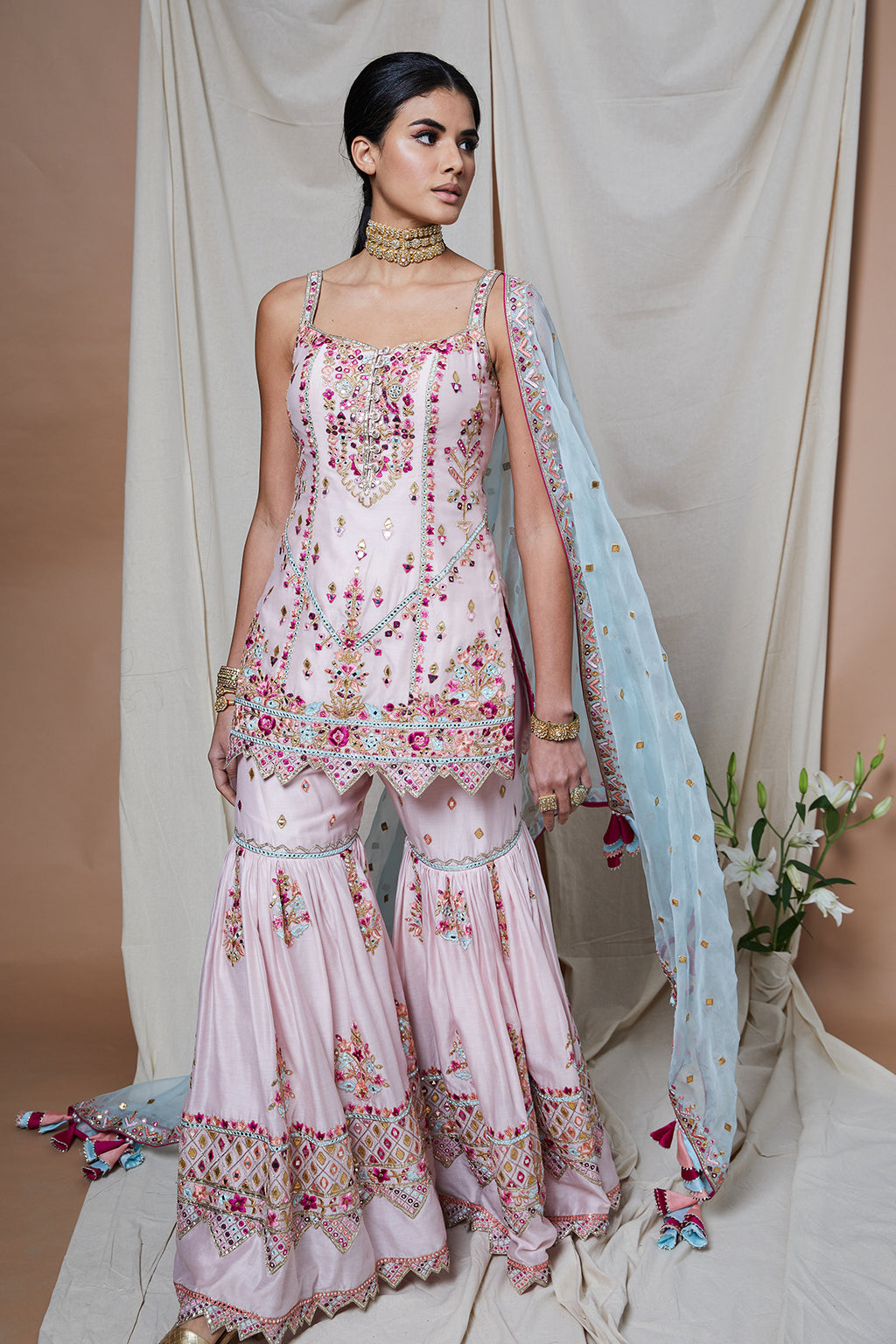 Pink Strappy Chanderi Gharara