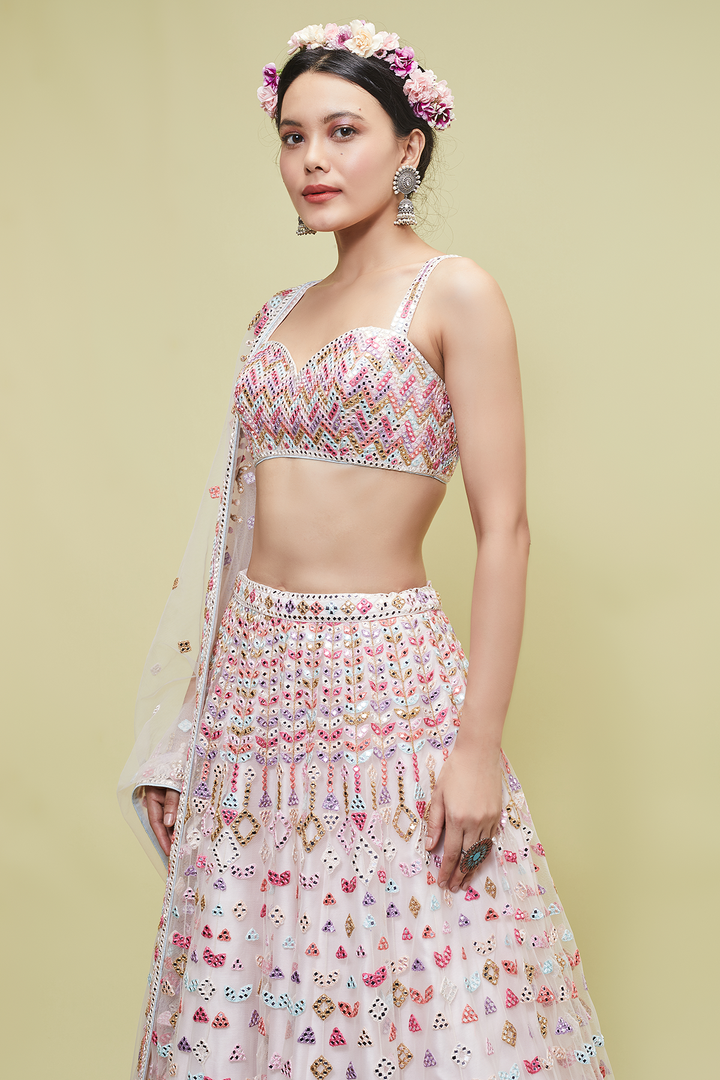 IVORY MULTI MIRROR LEHENGA SET