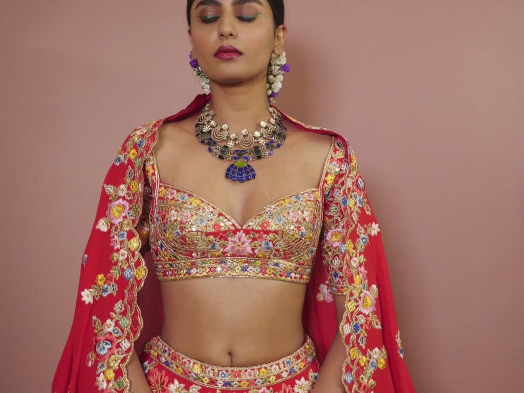 Red Georgette Floral Lehenga