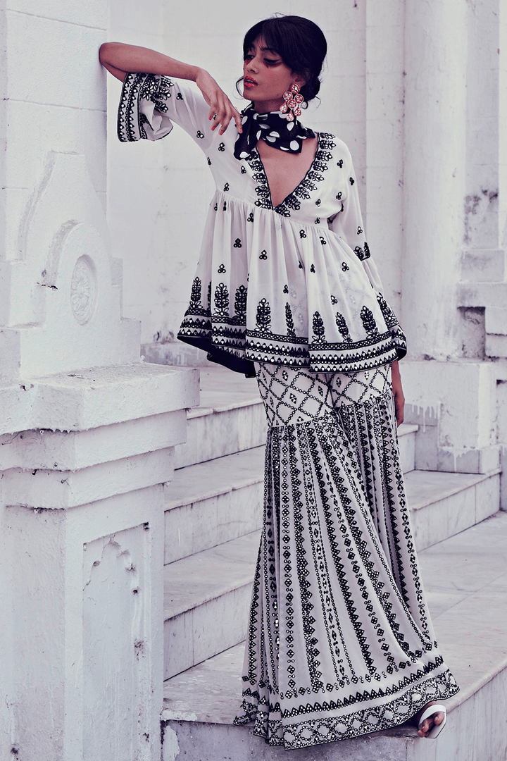 BLACK AND WHITE PEPLUM GHARARA SET