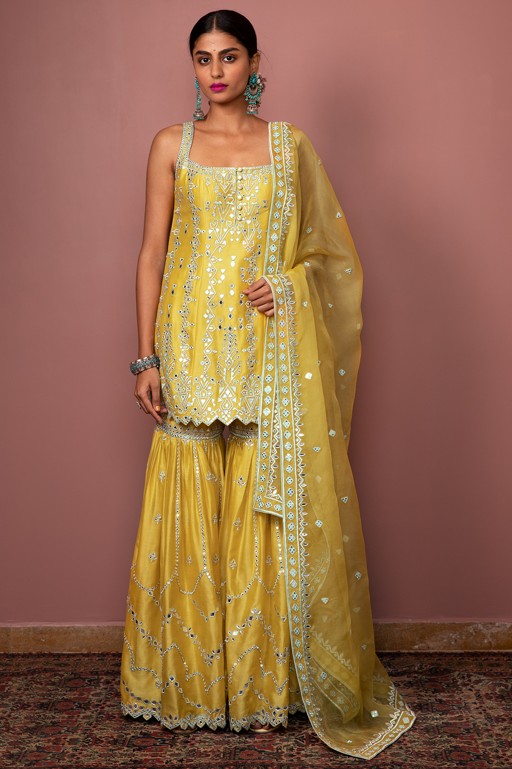 Mustard Strappy Kurta With Gharara