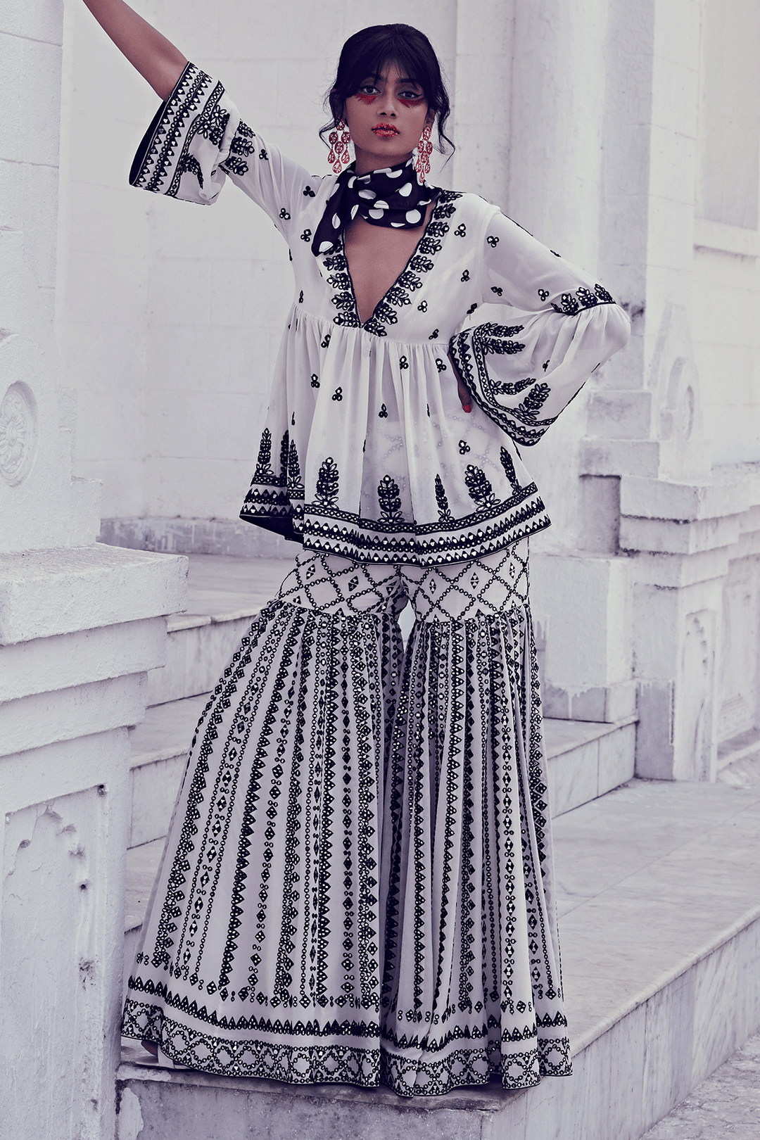BLACK AND WHITE PEPLUM GHARARA SET