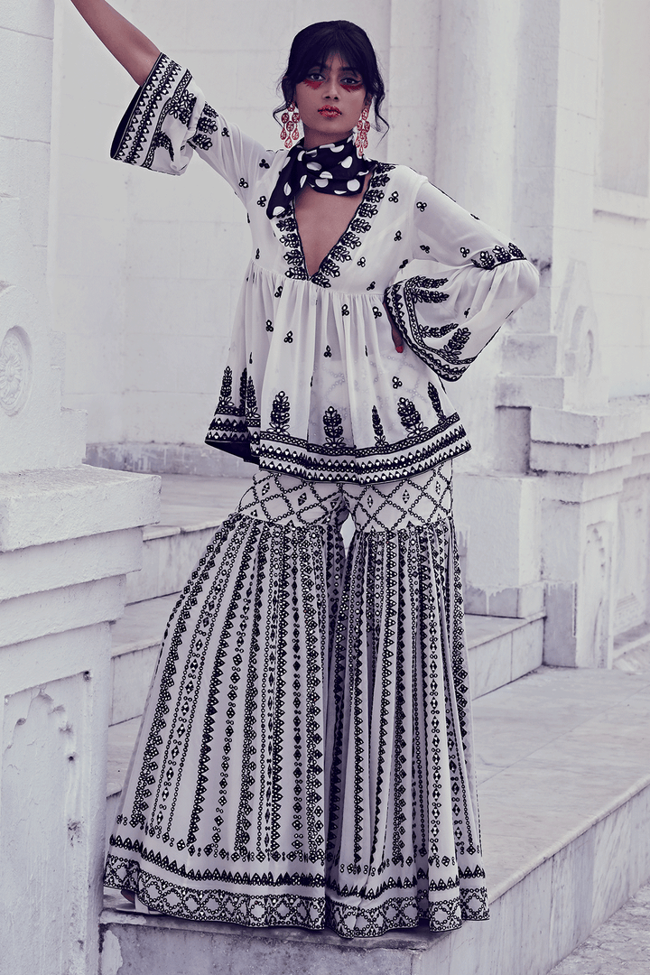 BLACK AND WHITE PEPLUM GHARARA SET