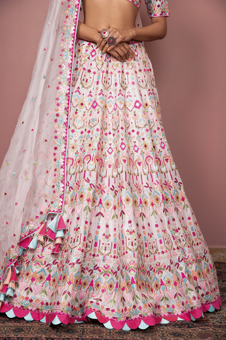 Pink Chnaderi Lehenga Set With Pop Resham Colours