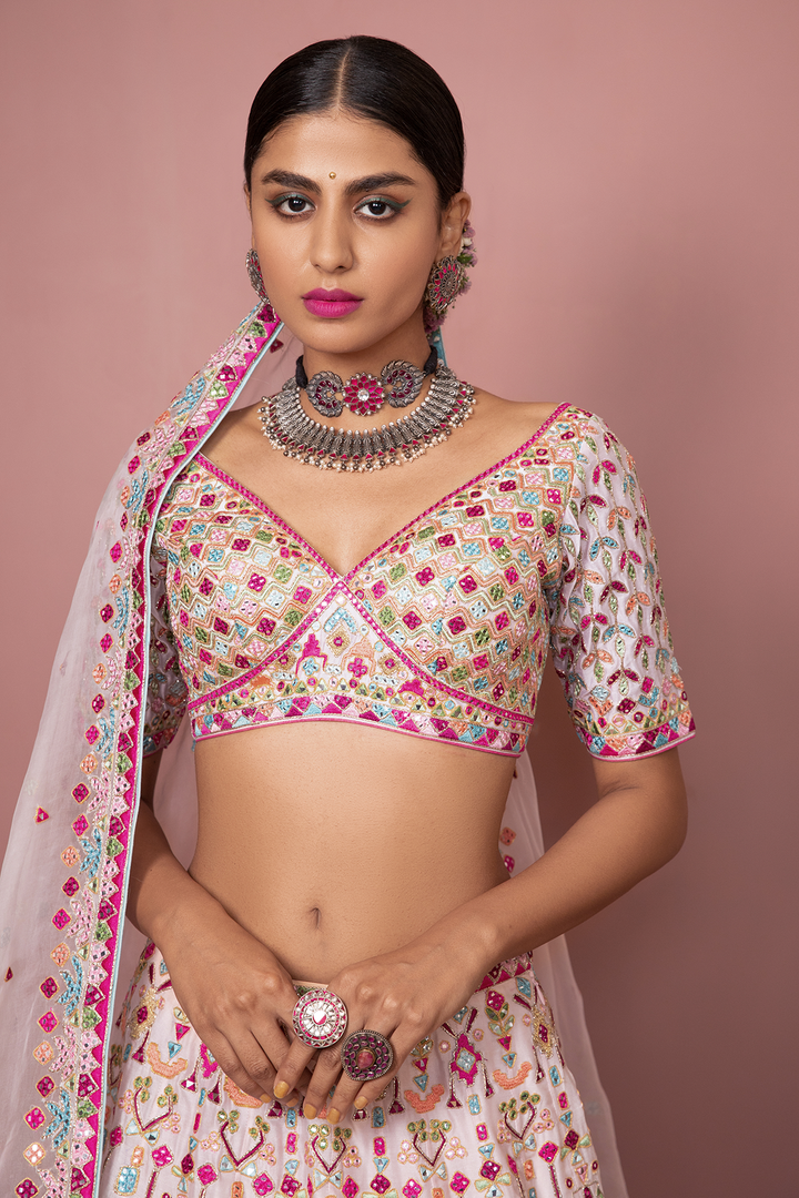 Pink Chnaderi Lehenga Set With Pop Resham Colours