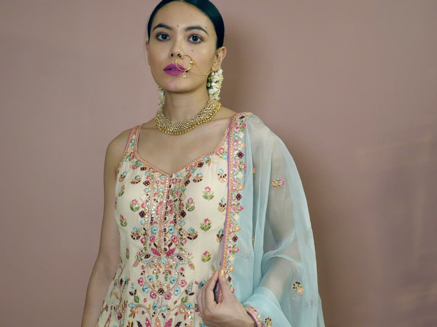 Ivory Kurta,Green Gharara Set