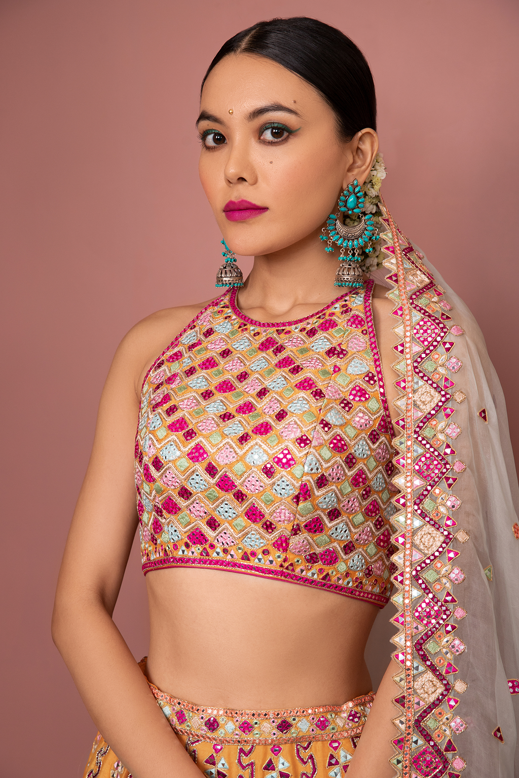 Tangerine Lehenga Set With Halter Blouse