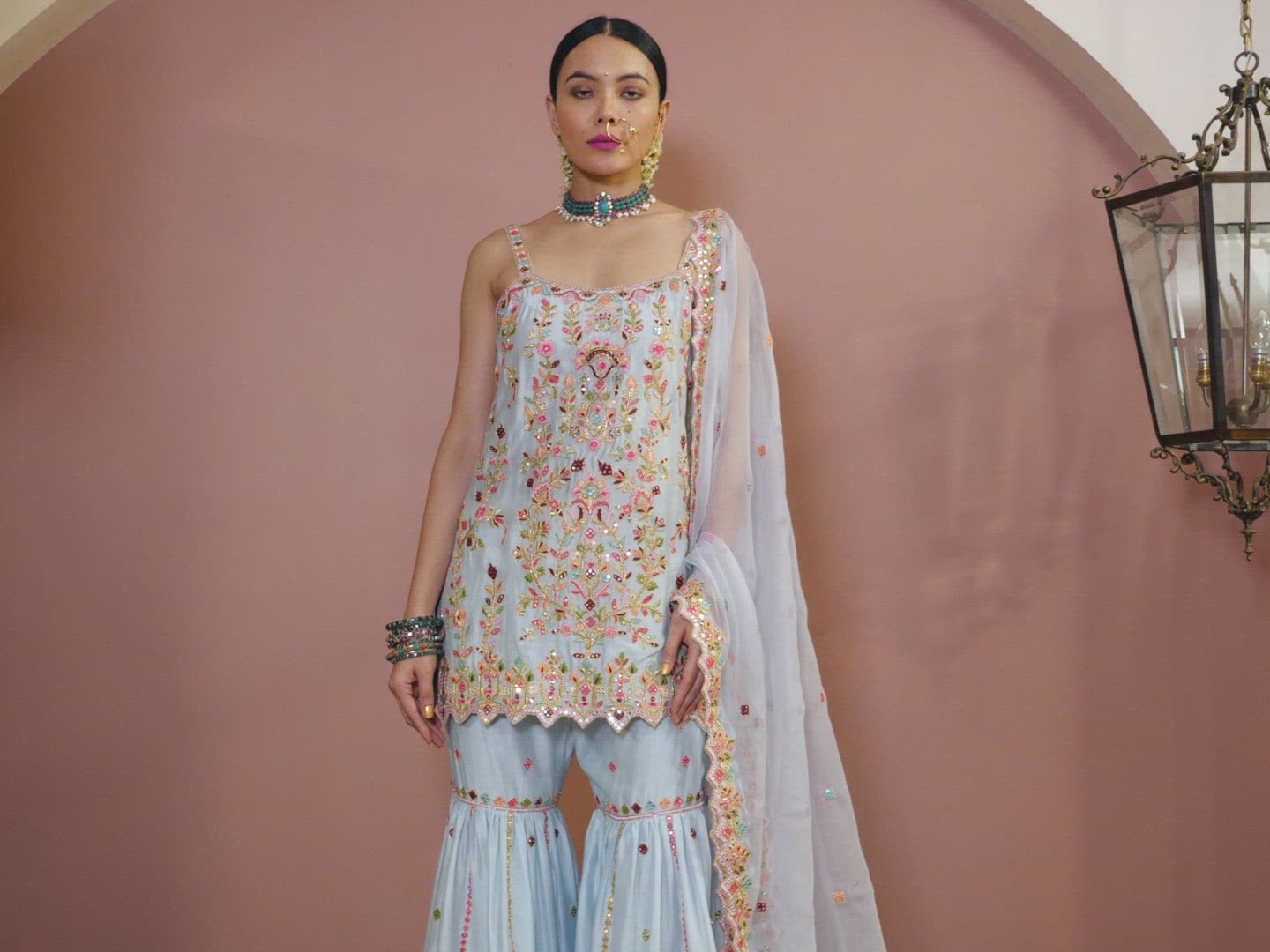 Blue Strappy  Kurta With Gharara