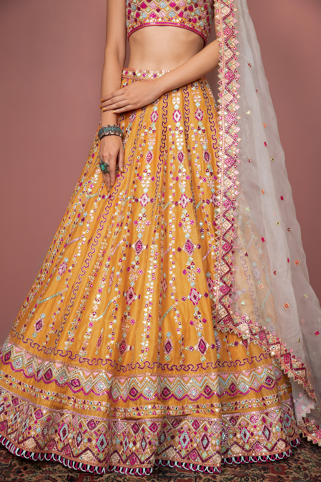 Tangerine Lehenga Set With Halter Blouse