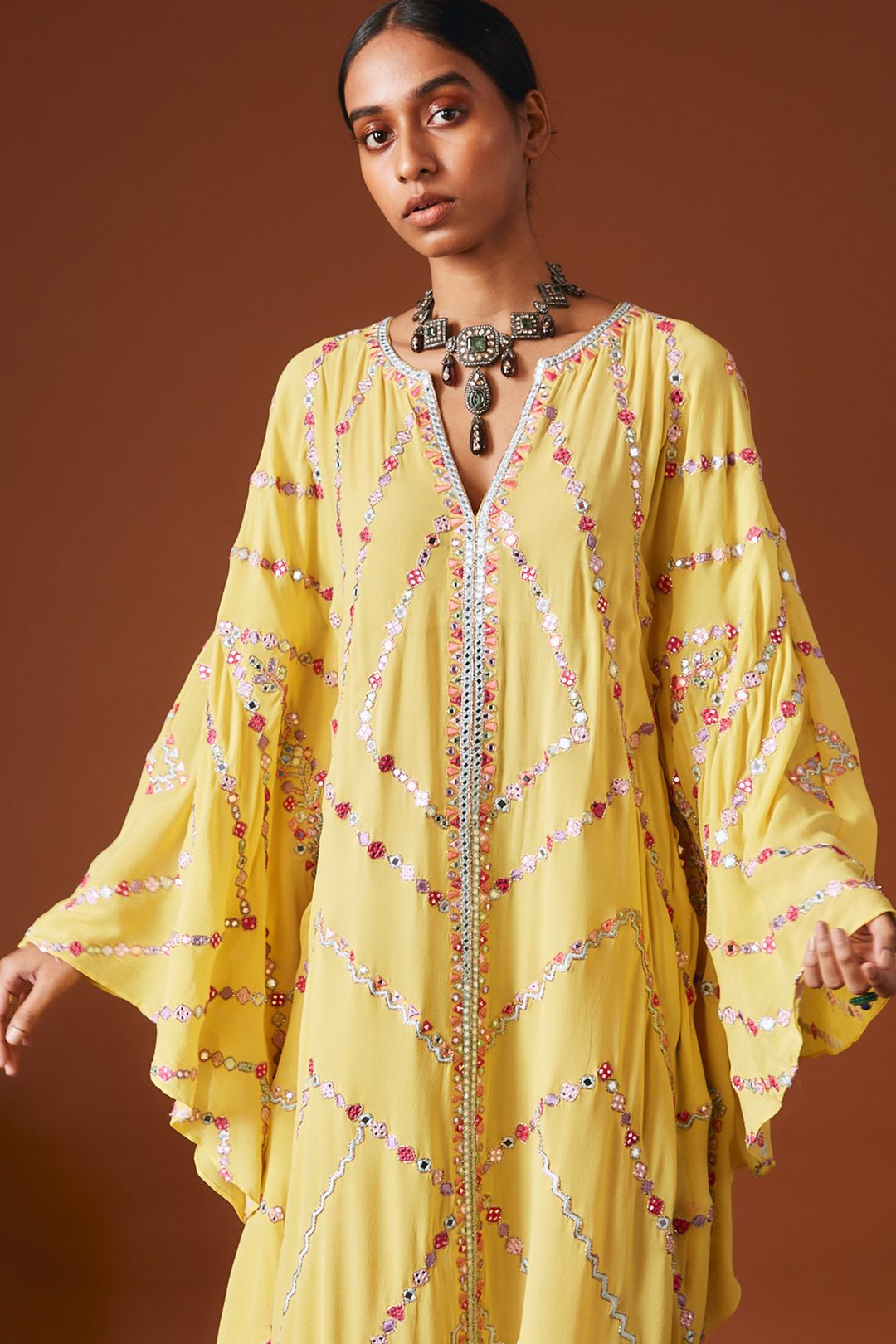 Yellow Georgette Kaftan With Multi Coloured Resham Embroidery