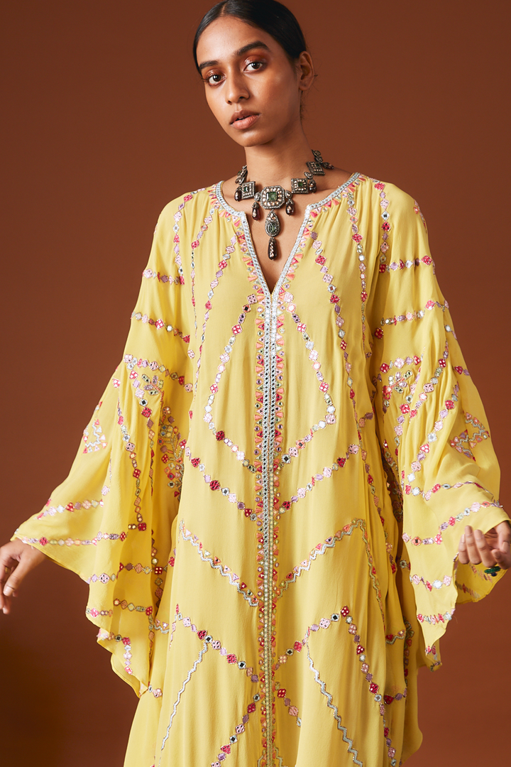 Yellow Georgette Kaftan With Multi Coloured Resham Embroidery