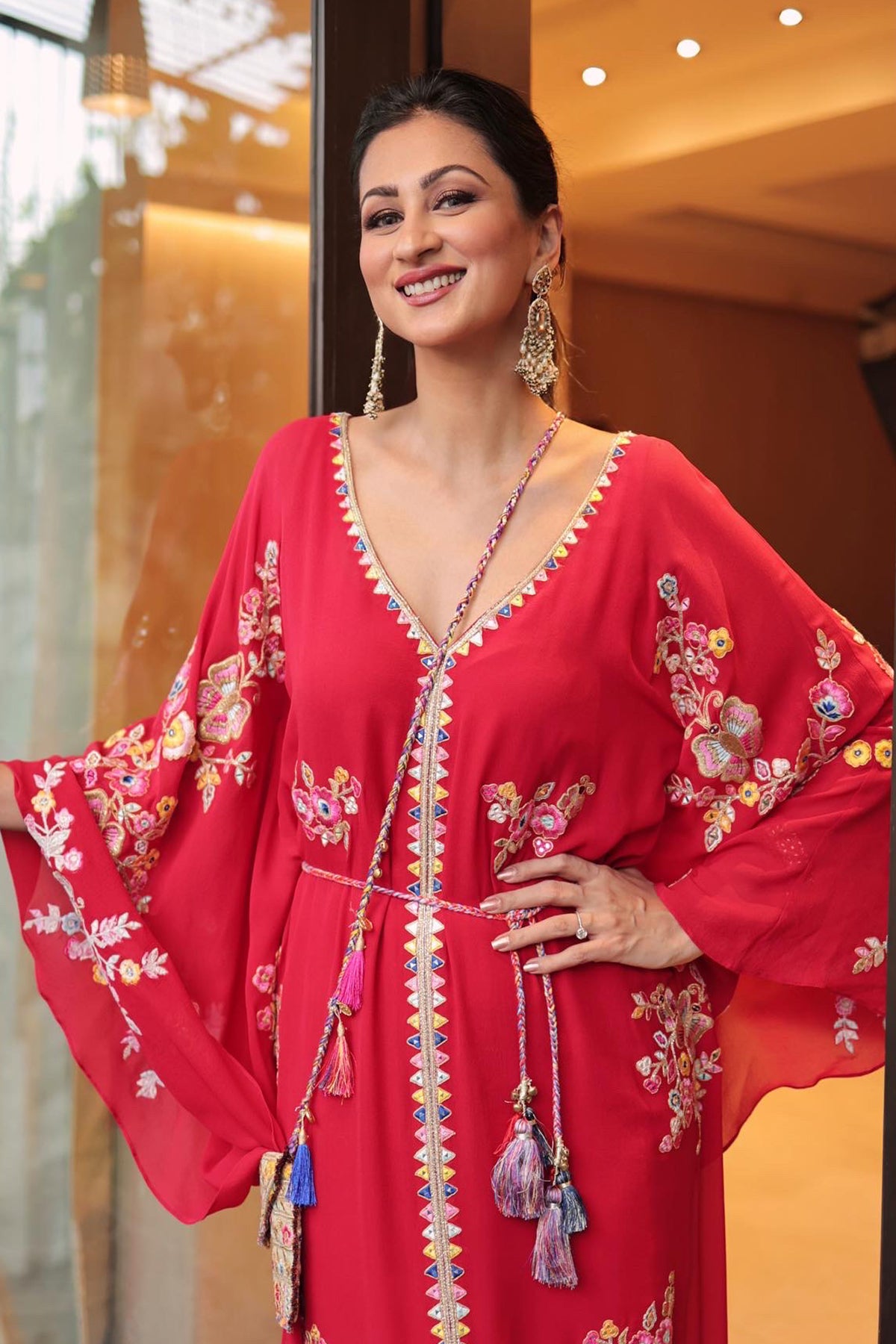 Sukhneet Kaur In Red Georgette Floral Embroidered Kaftan