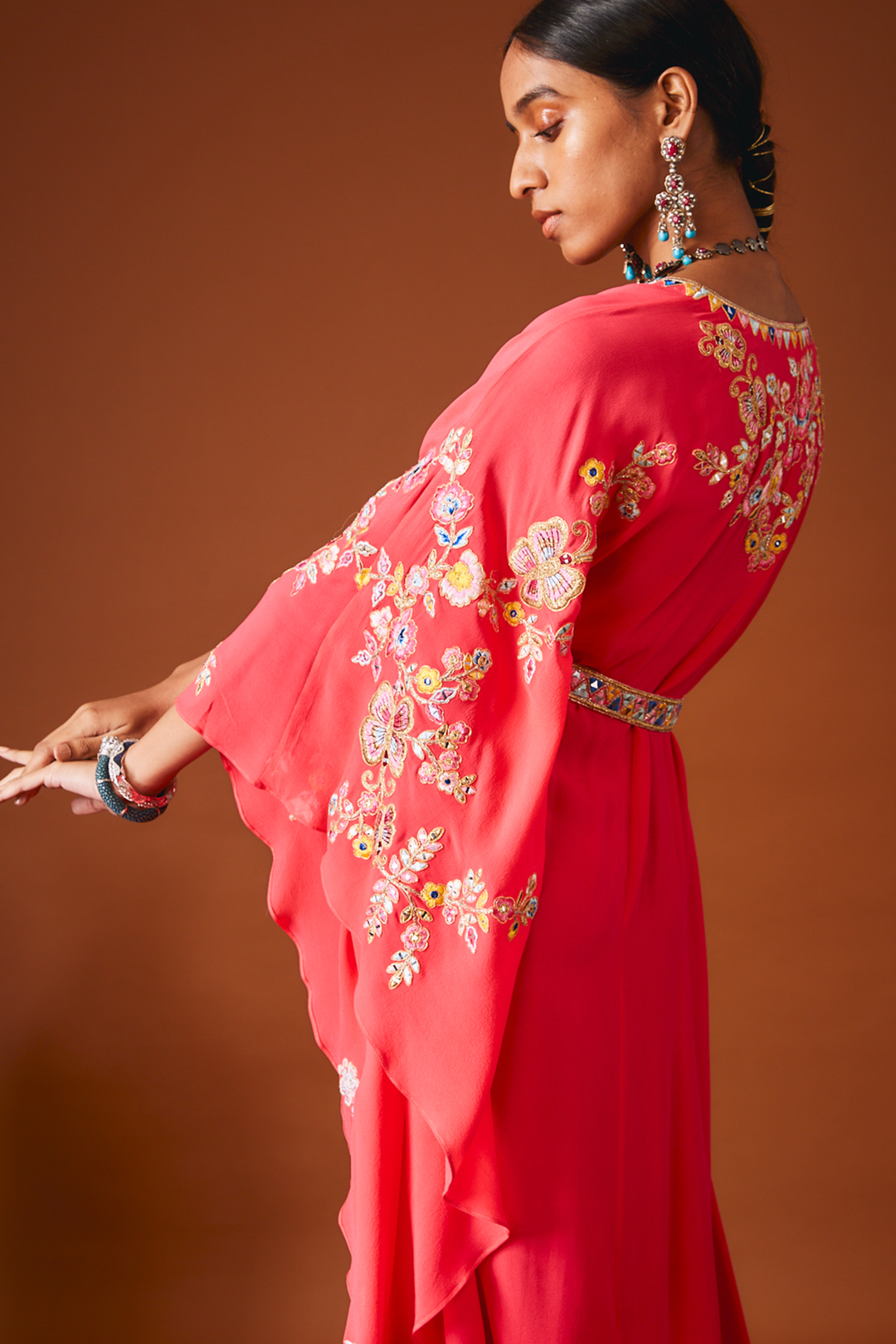Bright Pink Georgette Kaftan With Mirror And Resham