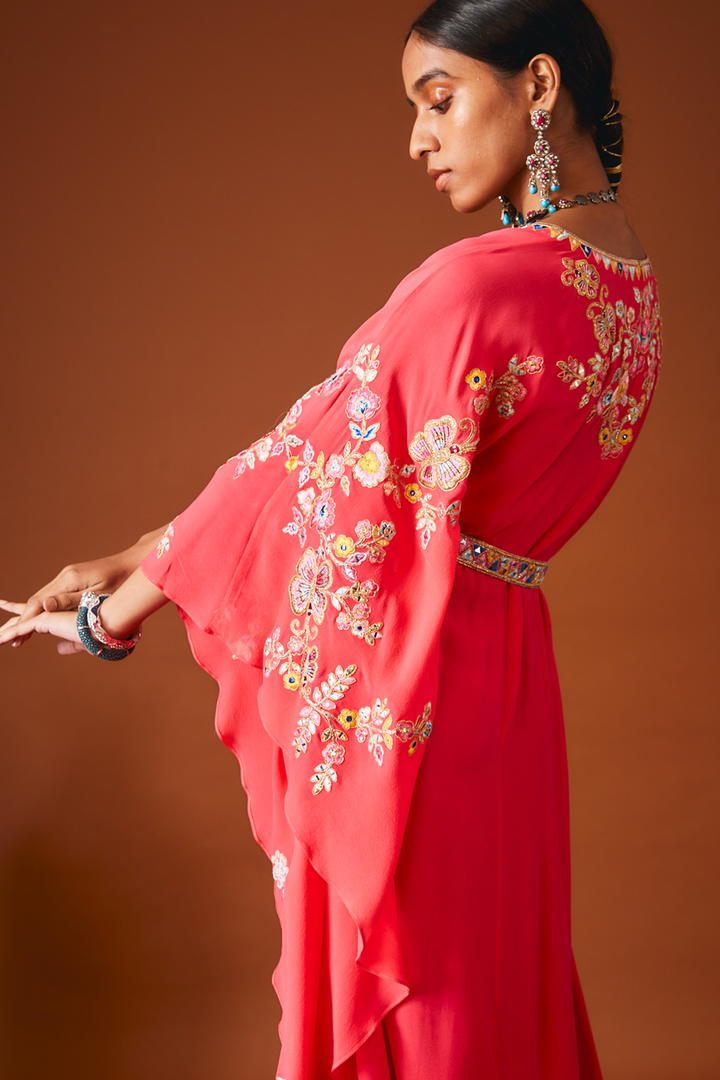 Bright Pink Georgette Kaftan With Mirror And Resham