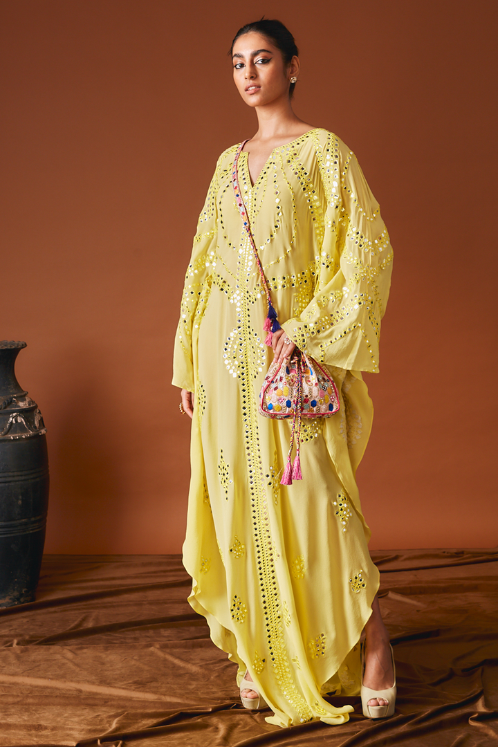 Bhumi Pednekar in Yellow Foil And Resham Kaftan With A Belt