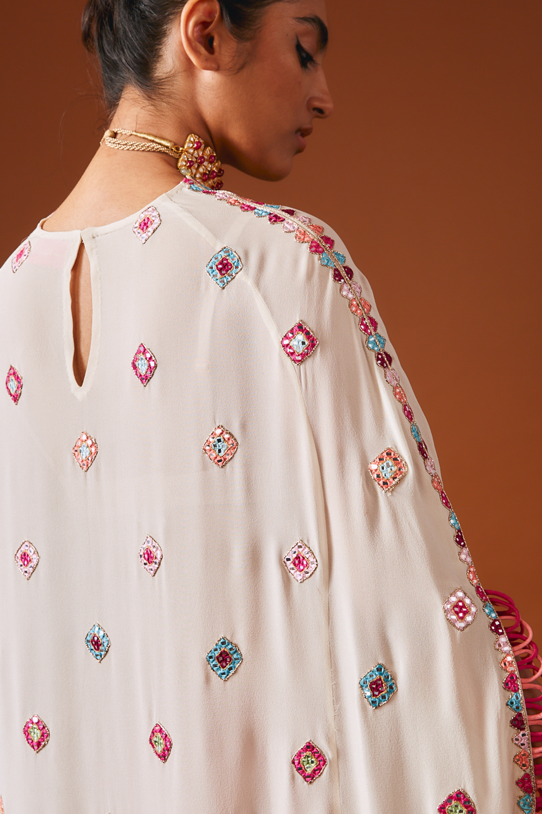 Ivory Georgette Kaftan With Mirror And Resham