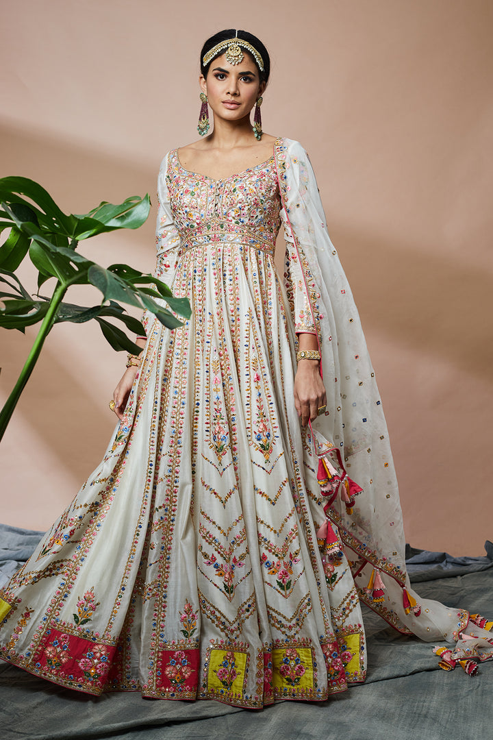Ivory Georgette Anarkali With Patchwork