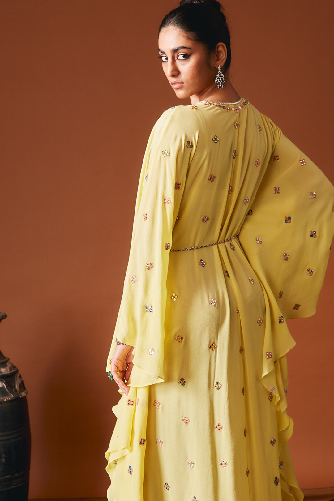 Yellow Geometry Embroidered Kaftan Paired With A Belt
