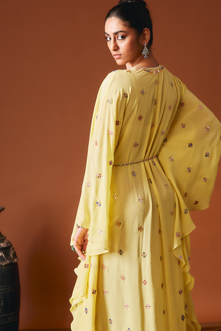 Yellow Geometry Embroidered Kaftan Paired With A Belt