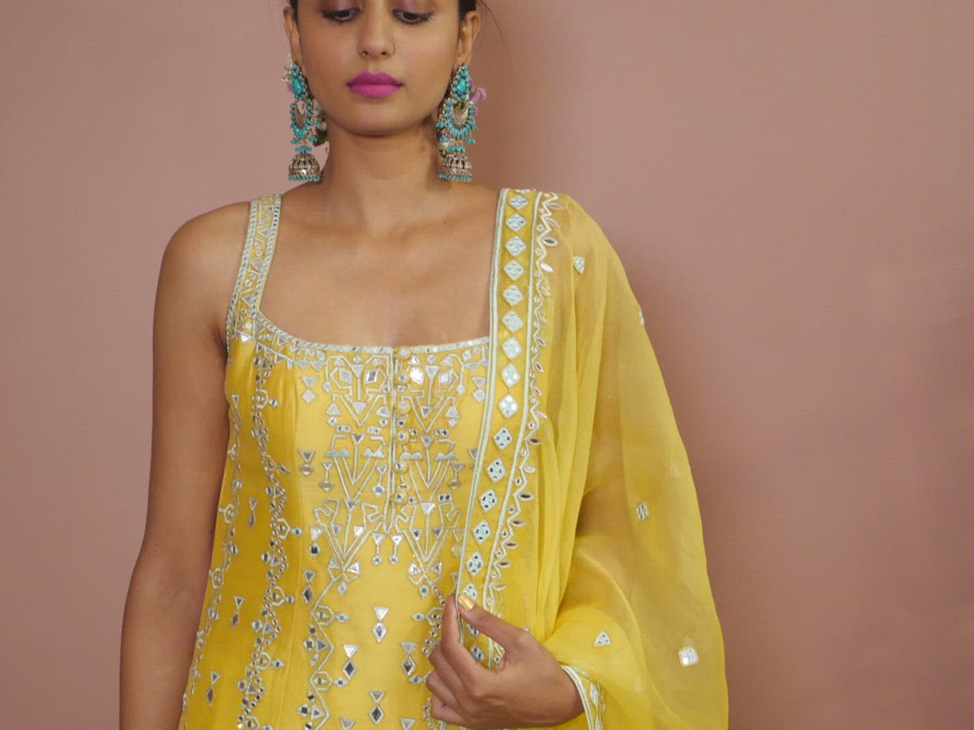 MUSTARD STRAPPY KURTA WITH GHARARA