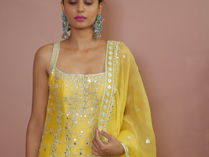 MUSTARD STRAPPY KURTA WITH GHARARA