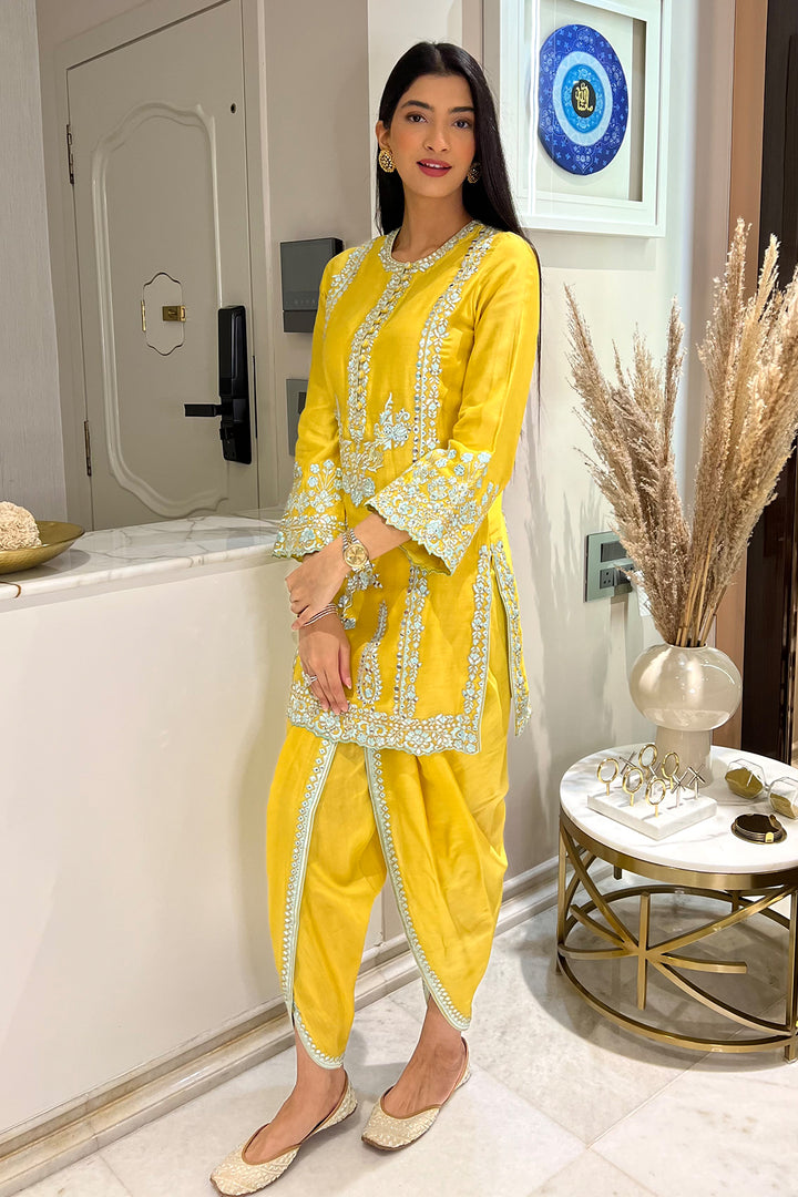 HANNA KHAN IN MUSTARD KURTA WITH DHOTI SET