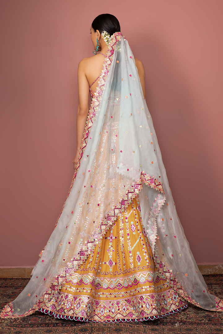 TANGERINE LEHENGA SET WITH HALTER BLOUSE