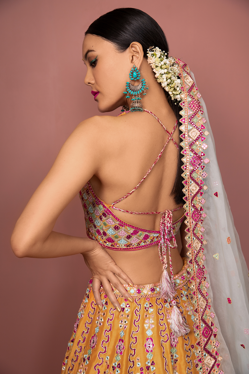 Tangerine Lehenga Set With Halter Blouse