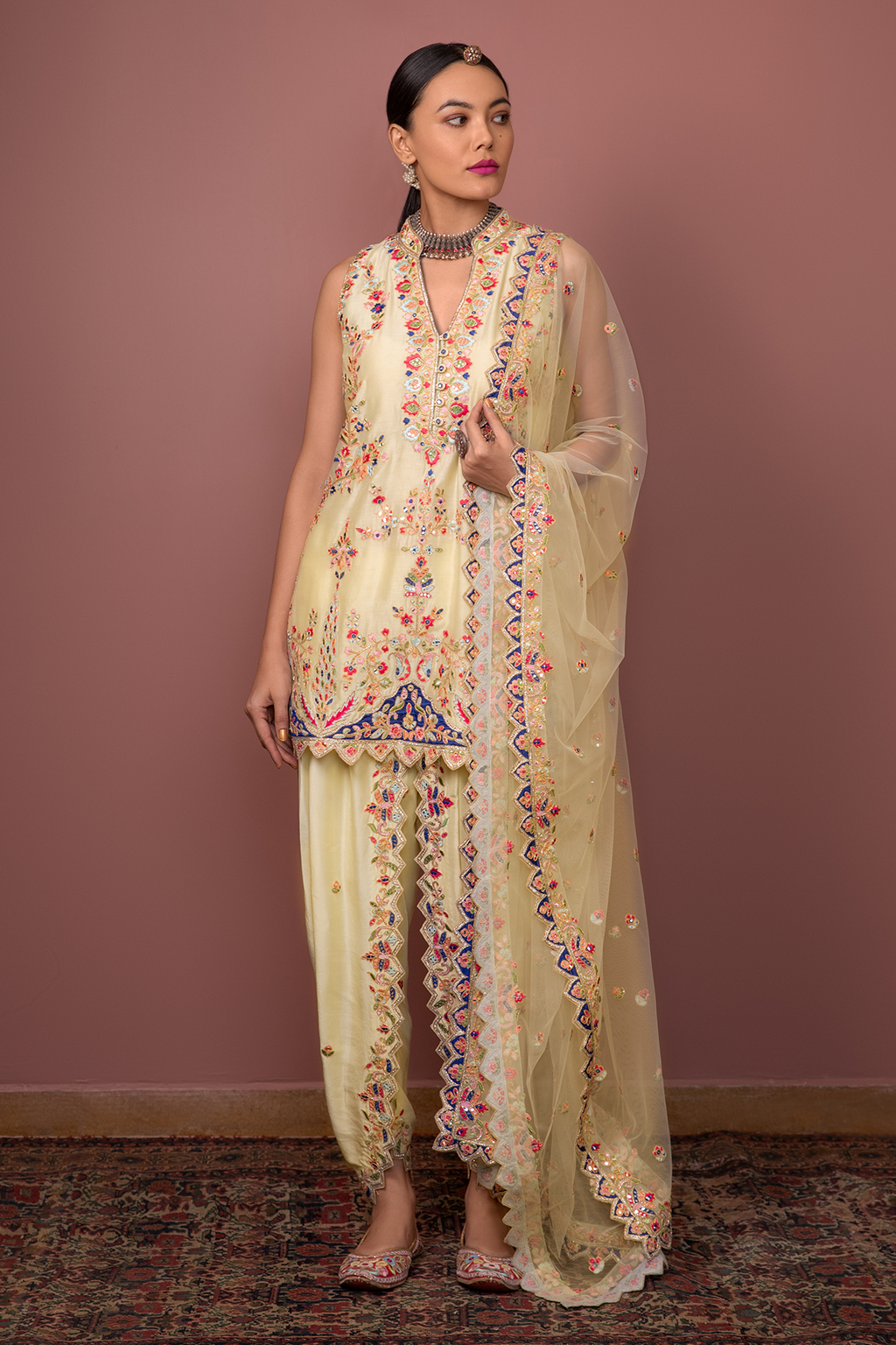 Yellow Chanderi Kurta With Dhoti Set